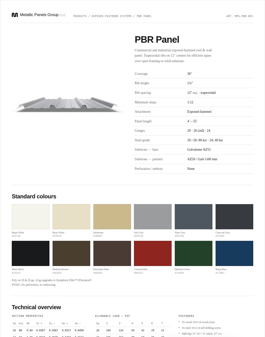 PBR Panel product sheet